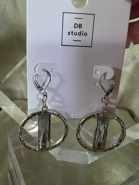 #1175 DB Studio Silver Hoop Drop Earrings with Clear Crystal